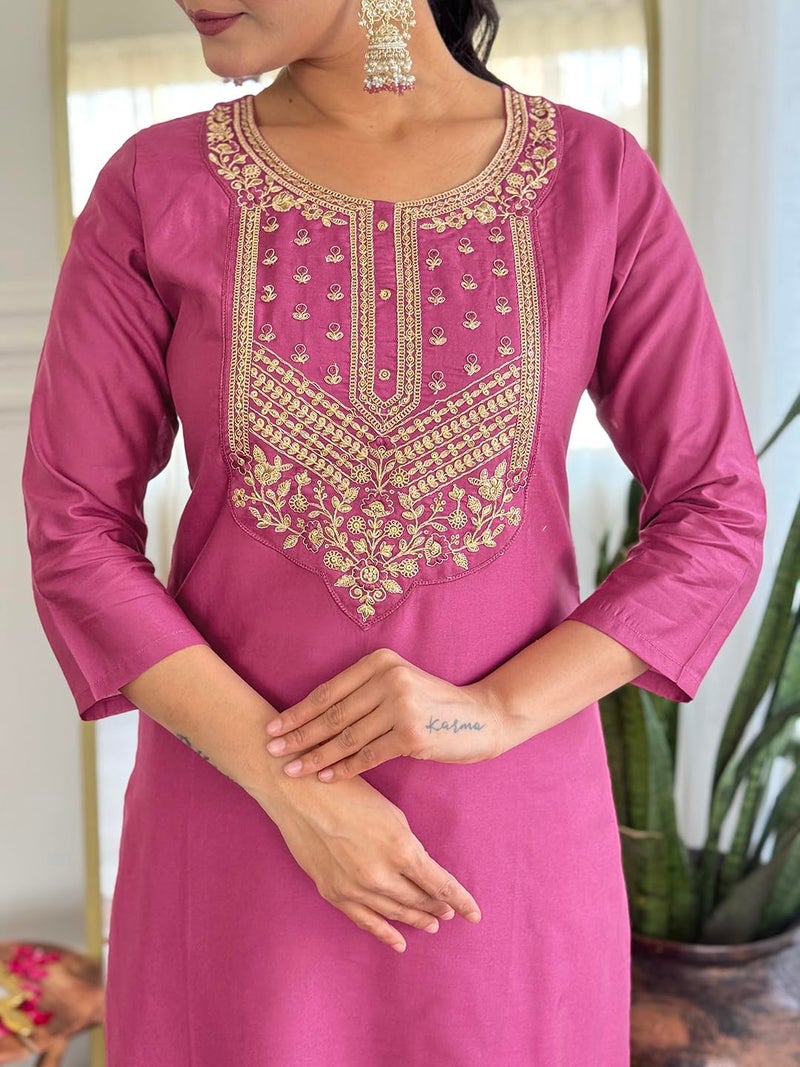 Naixa Women's Rayon Embroidered Straight Kurta with Pant and Dupatta Sets (NX2-717-Pink-L) - Image 5