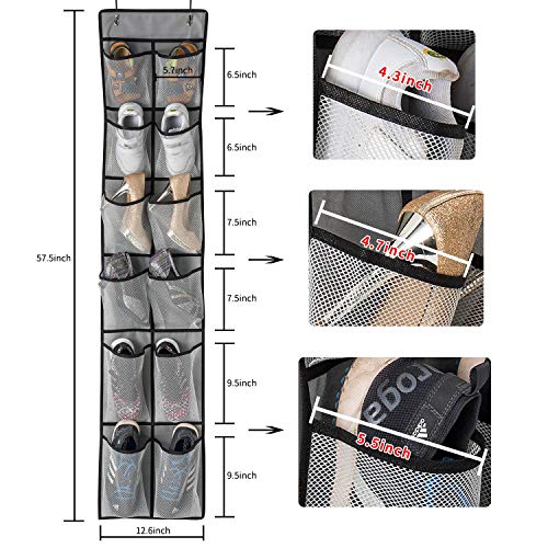 KEEPJOY Over The Door Shoe Organizer 2 Pack,Mesh Pockets Hanging Shoe Rack Over The Door,Shoe Storage Closet with 4 Hooks,Washable and Breathable Fabic,Large Size 57.5×12.6inch(Grey) - Image 3