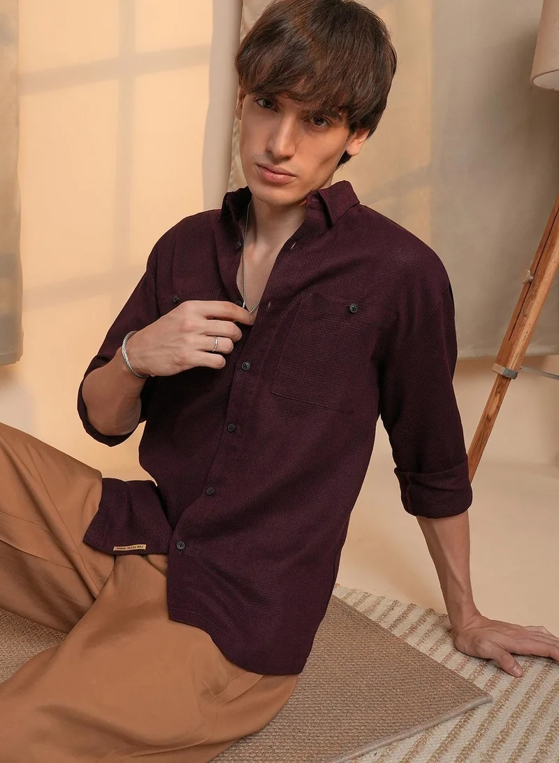Men's Burgundy Maroon Solid Utility Shirt