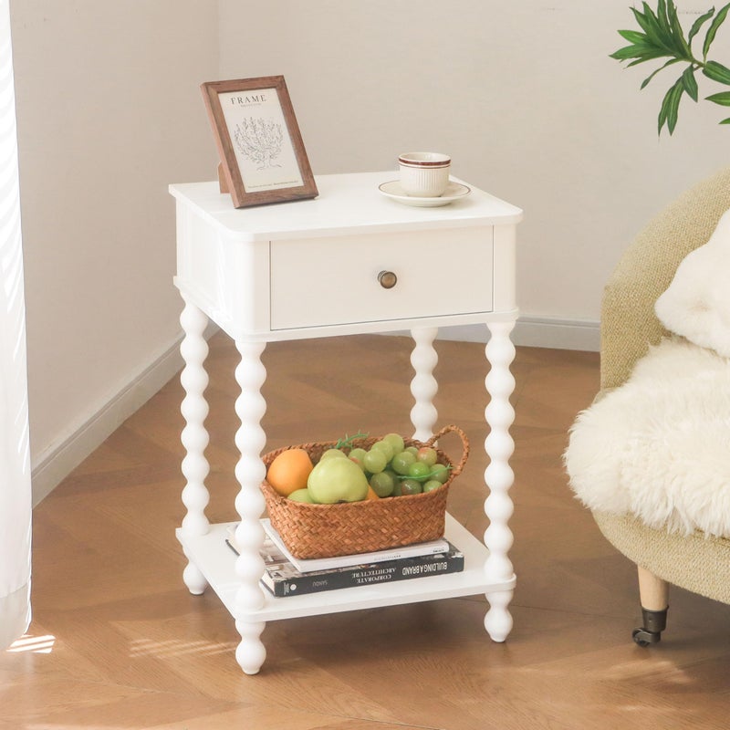 AWASEN White Nightstand, Small Side Table with Drawer for Living Room, Farmhouse End Bedside Table with Spindle Wood Legs for Bedroom, Office, White - Image 2