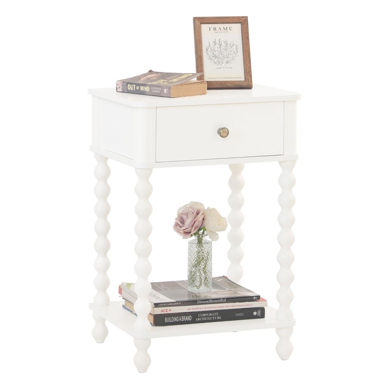 AWASEN White Nightstand, Small Side Table with Drawer for Living Room, Farmhouse End Bedside Table with Spindle Wood Legs for Bedroom, Office, White - Image 1