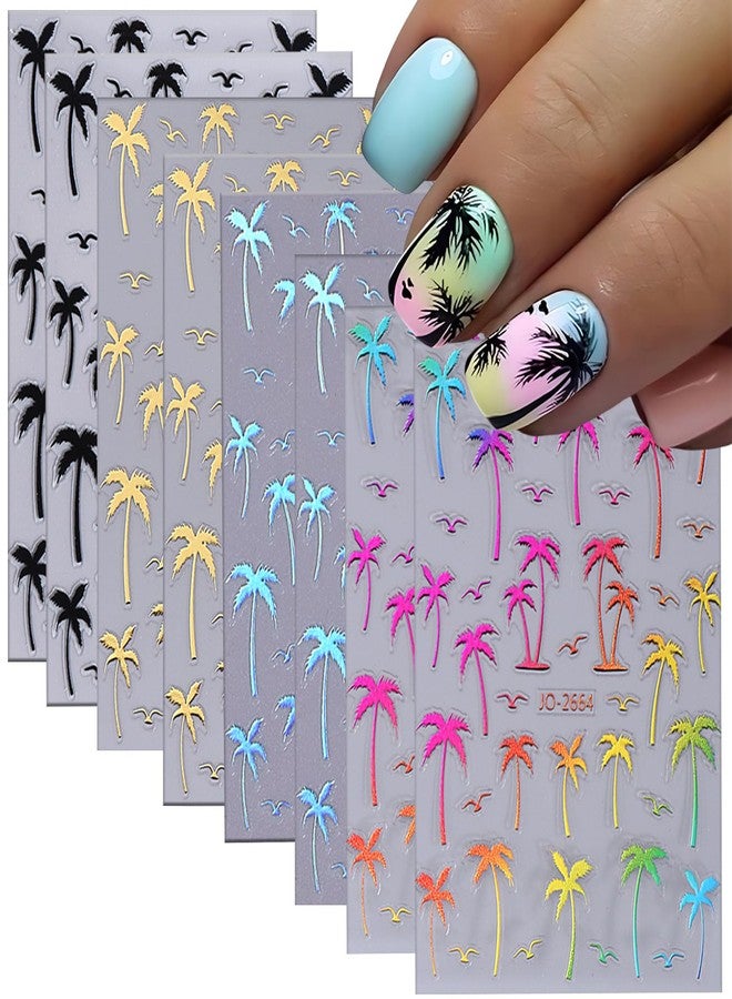 TBRZTR 8 Sheets Coconut Tree Nail Stickers 3D Self-Adhesive Summer Nail Decal Gold Black Laser Silver and Colorful Gradient Nail Decoration - Image 1