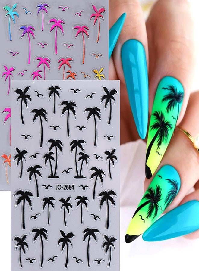 TBRZTR 8 Sheets Coconut Tree Nail Stickers 3D Self-Adhesive Summer Nail Decal Gold Black Laser Silver and Colorful Gradient Nail Decoration - Image 2