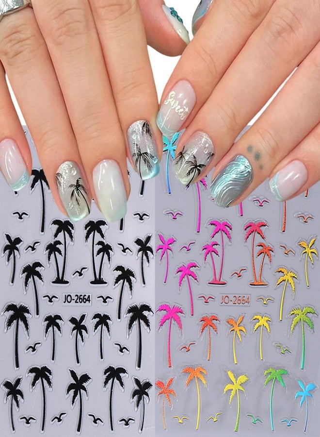 TBRZTR 8 Sheets Coconut Tree Nail Stickers 3D Self-Adhesive Summer Nail Decal Gold Black Laser Silver and Colorful Gradient Nail Decoration - Image 3