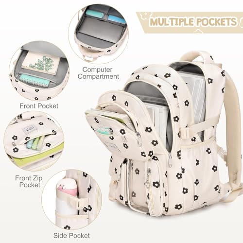 ACESAK Backpack for Girls - Girls Backpack with Lunch Bag & Pencil Pouch for Teen Kids Laptop Backpack for Women, Elementary Middle High School Bookbag Travel Daypack (Beige Strawberry) - Image 3
