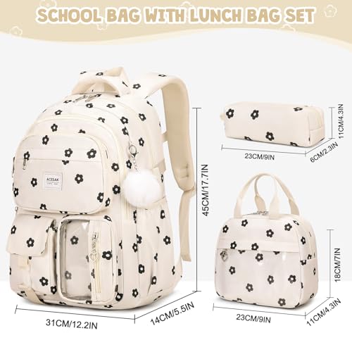 ACESAK Backpack for Girls - Girls Backpack with Lunch Bag & Pencil Pouch for Teen Kids Laptop Backpack for Women, Elementary Middle High School Bookbag Travel Daypack (Beige Strawberry) - Image 2