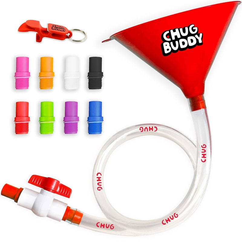 Chug Buddy Beer Bong Tube and Funnel with Valve, 8 Interchangeable Mouthpieces, Shotgun Keychain Tool - Kink-Free 3ft Hose for Beerbong, College Party, Drinking Games - Image 1
