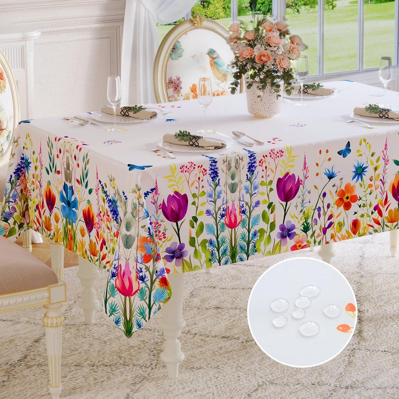 Softalker Spring Tablecloth Rectangle - Easter Waterproof Floral Pattern Decorative Table Cloth, Stain Resistant Wrinkle Free Wipeable Table Cover for Dinner, Party, Picnic, Outdoor, 60 x 84 Inch - Image 1