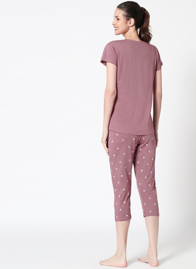 Zeyo Women Mauve Printed Pure Cotton Night Suit - Image 5