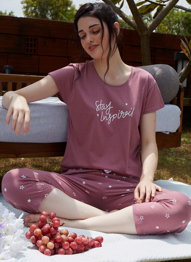 Zeyo Women Mauve Printed Pure Cotton Night Suit - Image 1