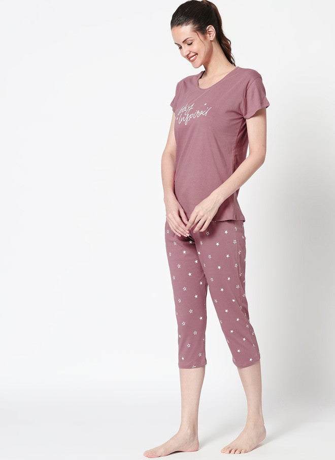 Zeyo Women Mauve Printed Pure Cotton Night Suit - Image 4