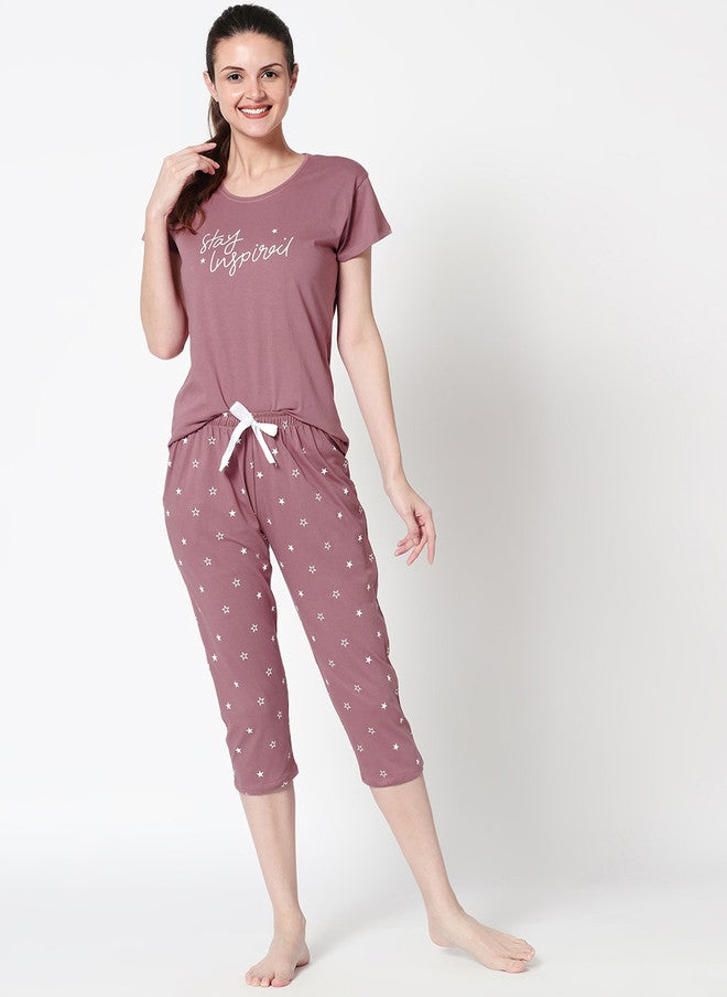 Zeyo Women Mauve Printed Pure Cotton Night Suit - Image 2