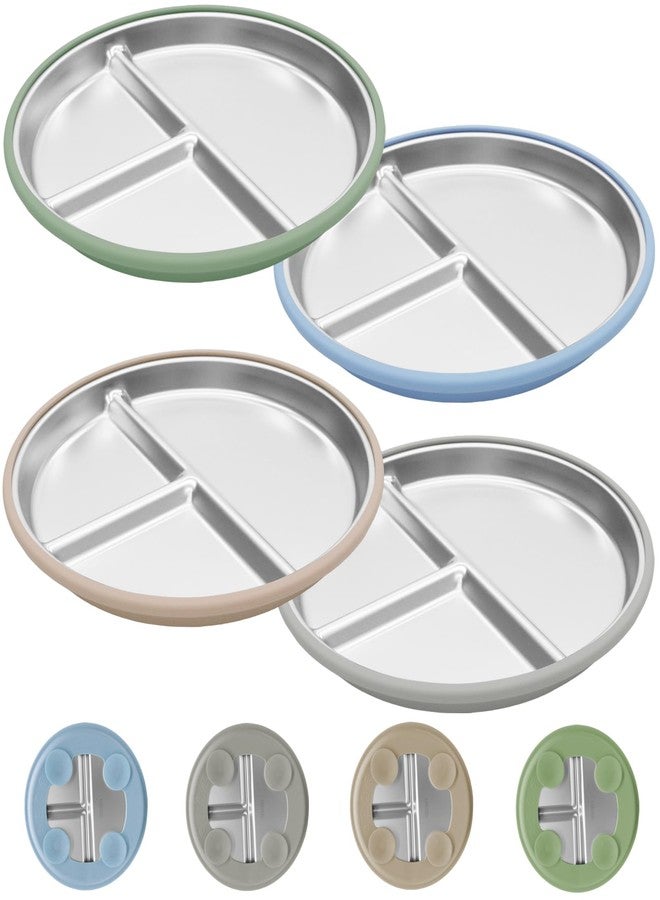 JVEOO Stainless Steel Toddler Plates with Suction, 4 Pack Kids Baby Plates Set with Sturdy Silicone Suction Base Easy to Clean 9 inch - Image 1