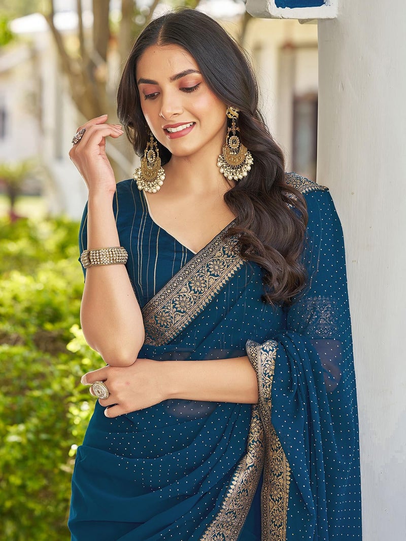 Satrani Women's Georgette Stone Work Saree with Unstitched Blouse Piece (4243S2981N_Teal Blue) - Image 4