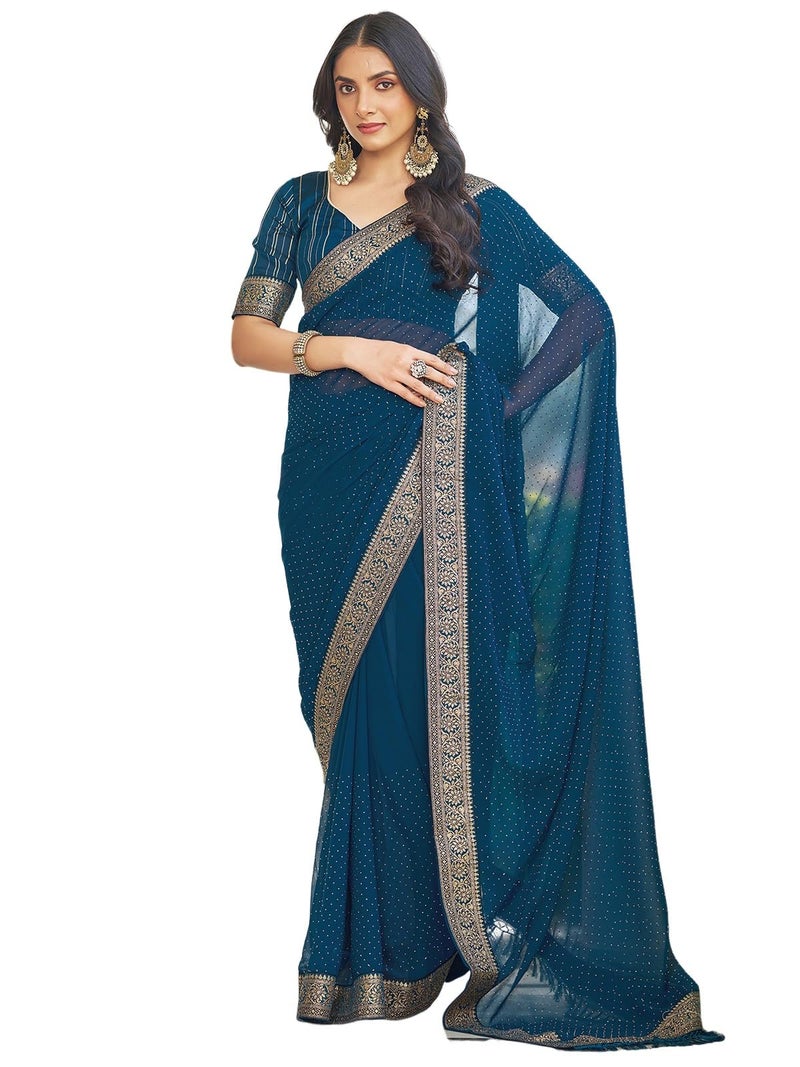 Satrani Women's Georgette Stone Work Saree with Unstitched Blouse Piece (4243S2981N_Teal Blue) - Image 1