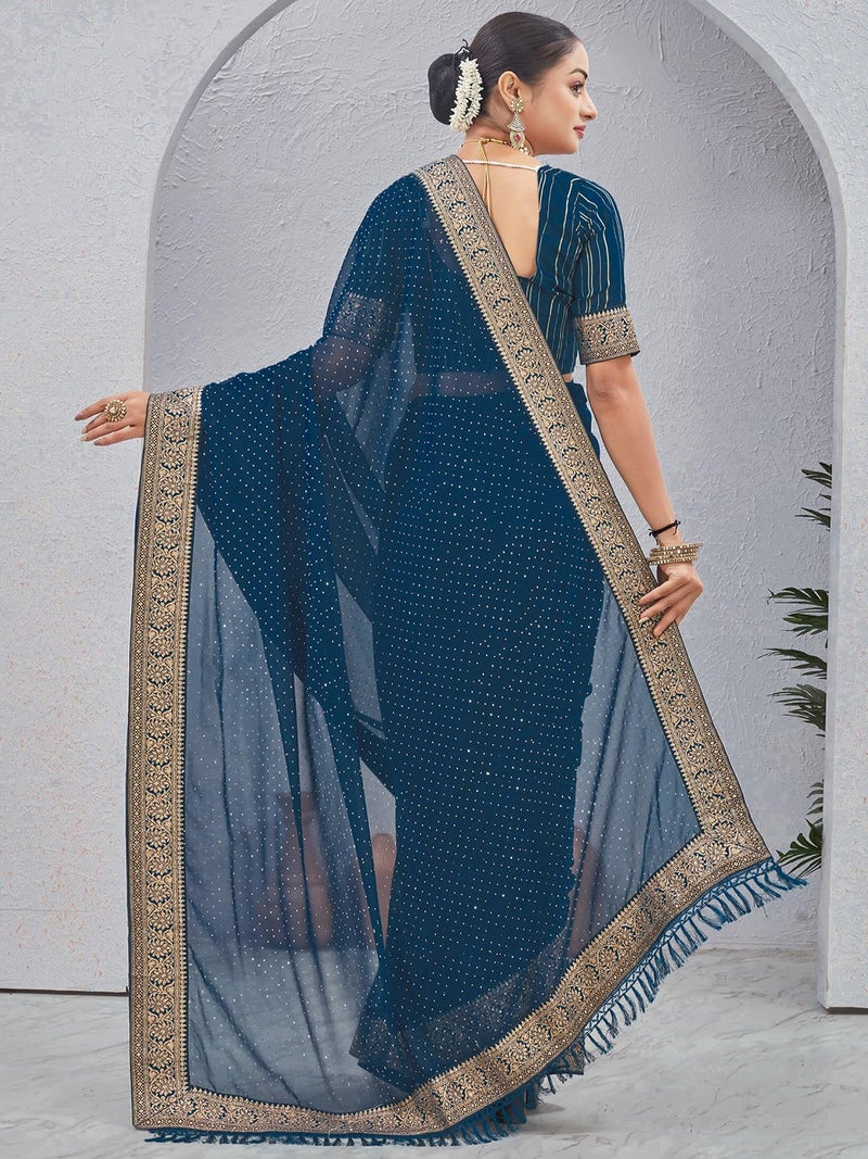 Satrani Women's Georgette Stone Work Saree with Unstitched Blouse Piece (4243S2981N_Teal Blue) - Image 3