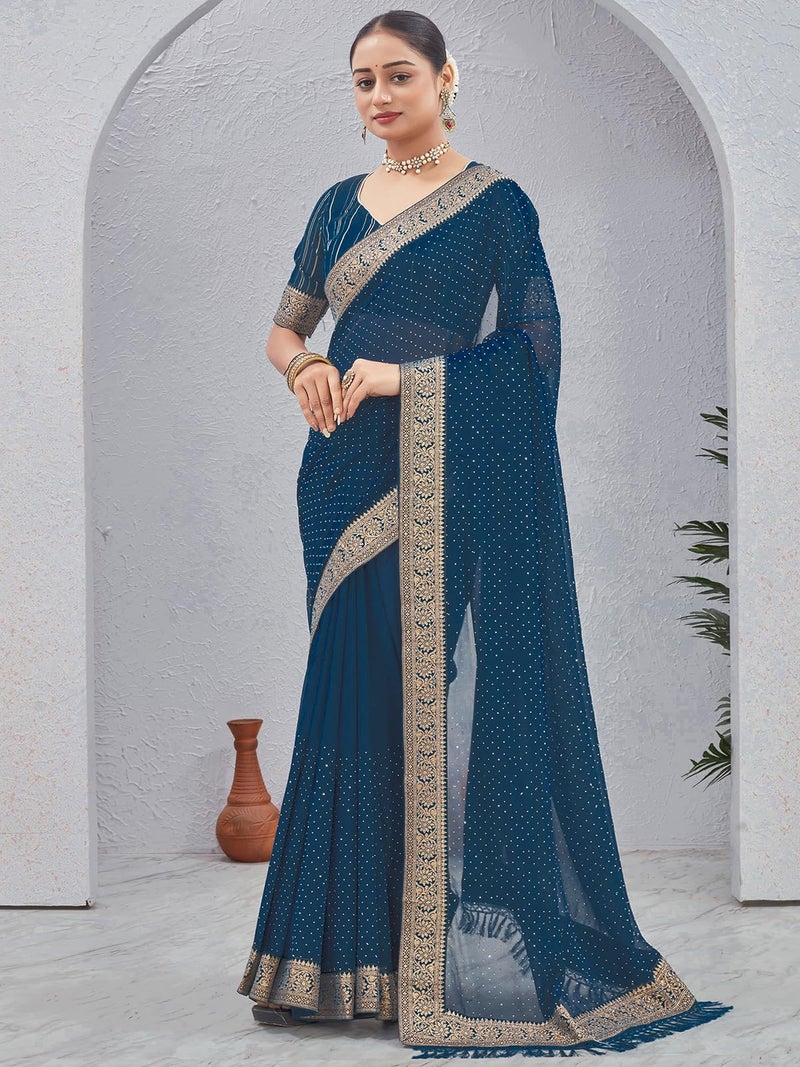 Satrani Women's Georgette Stone Work Saree with Unstitched Blouse Piece (4243S2981N_Teal Blue) - Image 2
