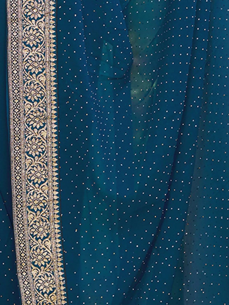 Satrani Women's Georgette Stone Work Saree with Unstitched Blouse Piece (4243S2981N_Teal Blue) - Image 5