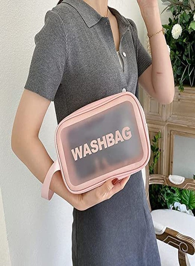 Salepush Cosmetic Wash Bag Makeup Pouch Travel Transparent Toiletry Zipper with Handle Household Grooming Kit Portable Organizer Pouch for Women - Men. (3 pcs Pink wash Bag) - Image 3