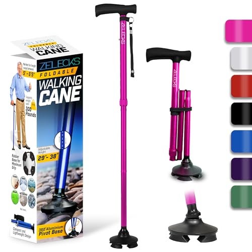 ZELECKS Walking Cane for Women & Men - Self Standing Adjustable Folding Cane with T Handle and 360 Pivot Base - Lightweight Foldable Walking Stick for Seniors - Collapsible Cane for Walking - Image 1