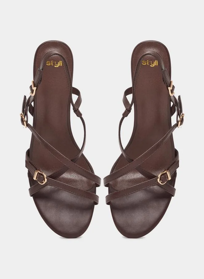 Styli  Brown Strappy Mid-Heel Sandals for Women | Best Price UAE