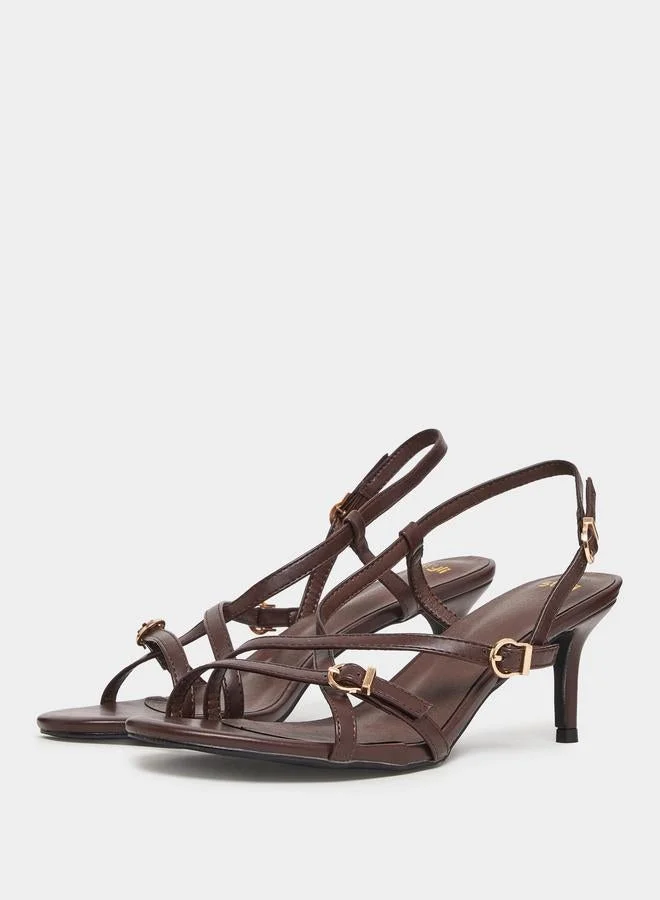 Styli  Brown Strappy Mid-Heel Sandals for Women | Best Price UAE