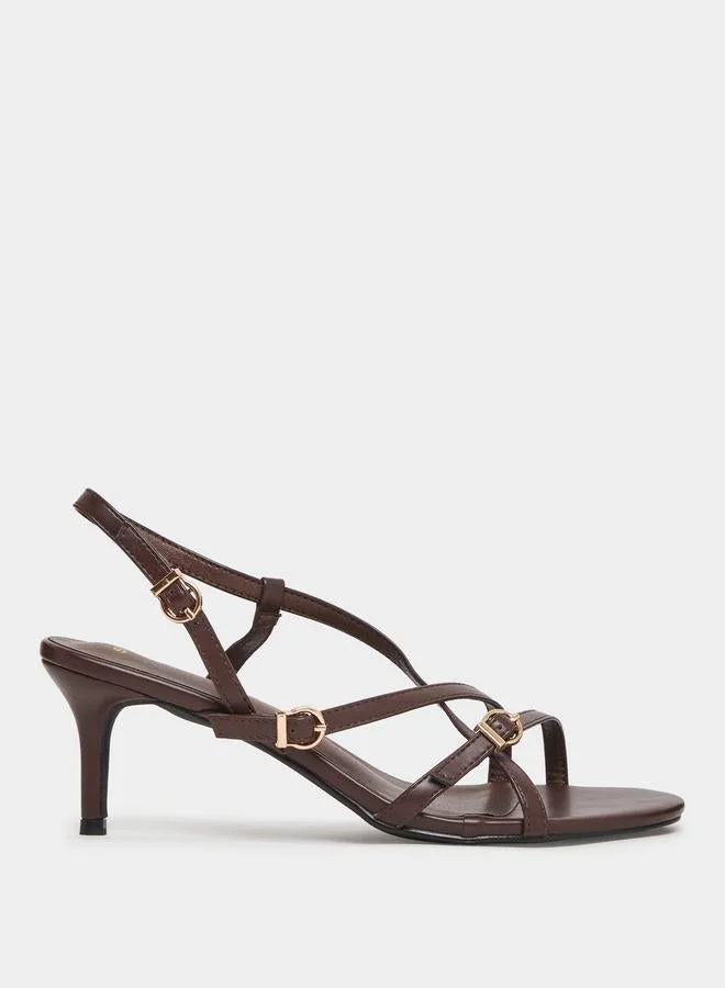Styli Brown Strappy Mid-Heel Sandals