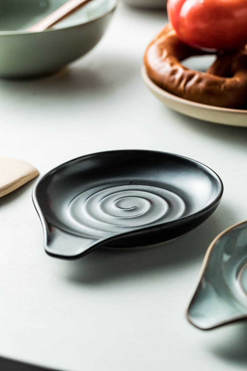 Cormomu Spoon Rest, Porcelain Drip Tray for Multiple Utensils, Cooking&Large Spoon Holder for Stove Top, Modern Farmhouse Kitchen Decor Utensil Holder for Spoons, Ladles, Tongs&Spatula, Black - Image 4