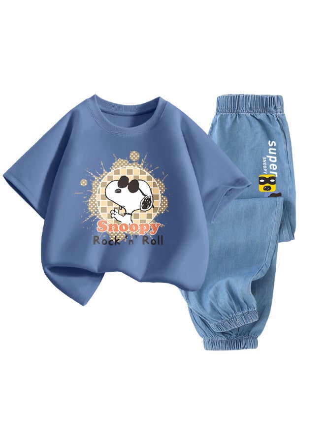 Snoopy Boys And Girls Short-sleeve T-shirt And Jeans Two-piece Set Children's Short-sleeve Outfit Indigo Plaid + Dark Blue Nubie 120 - Image 1