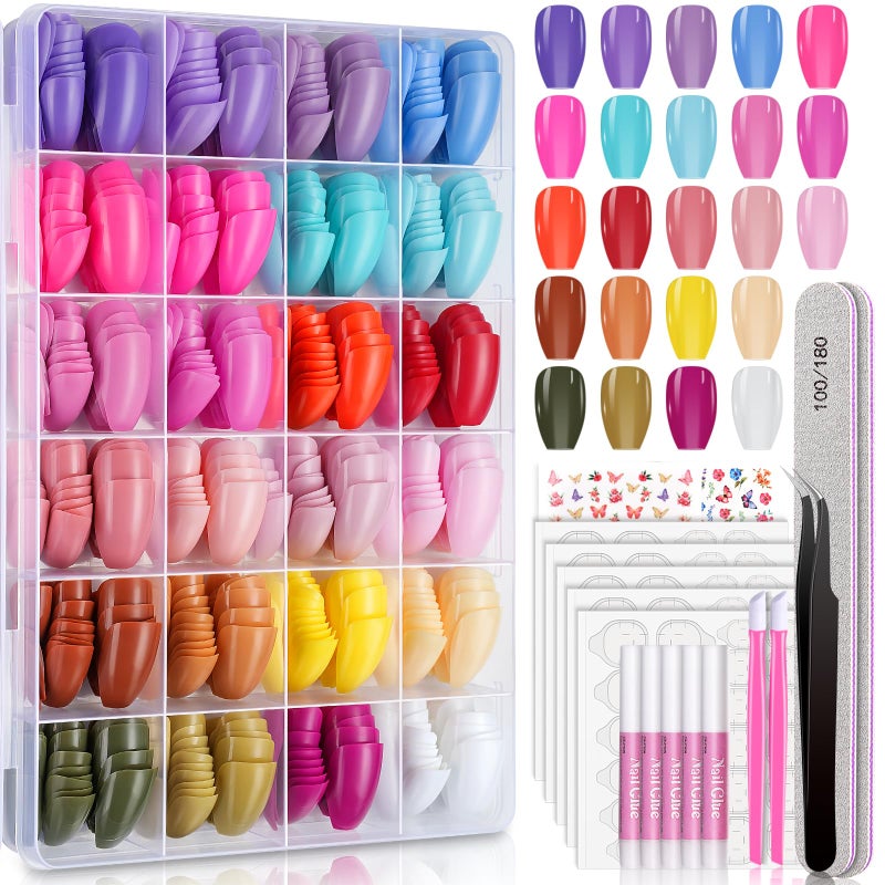 TsMADDTs 720 pcs Coffin Press On Nails, TsMADDTs 24 Colors Acrylic Medium Short Ballerina False Nails Tips with Glue, File, Tabs, Stickers and Tweezer for Art DIY - Image 1