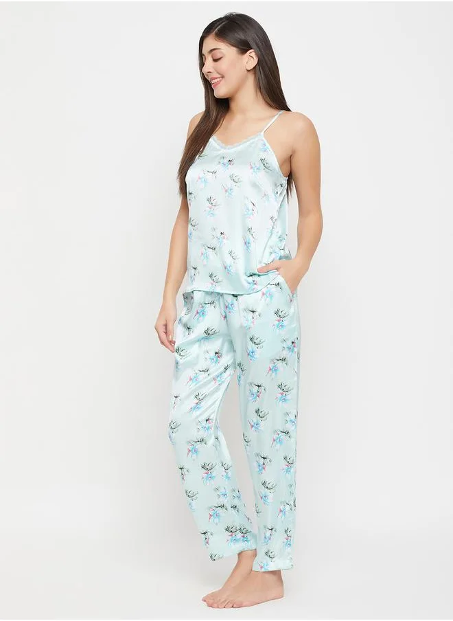 Clovia Clovia Floral Print Lace Trim Satin Cami Top and Pyjama Set