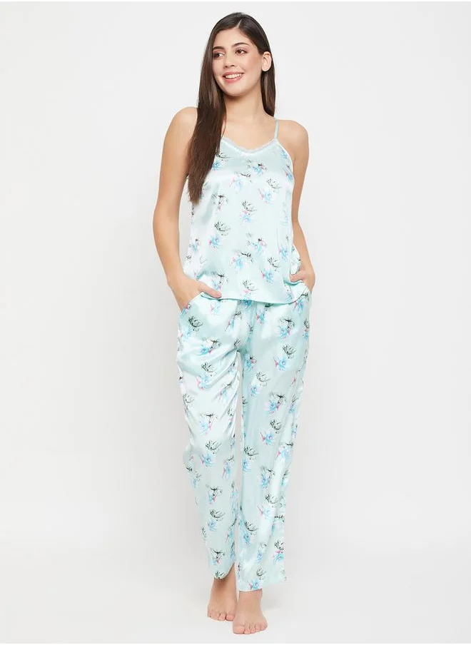 Clovia Clovia Floral Print Lace Trim Satin Cami Top and Pyjama Set