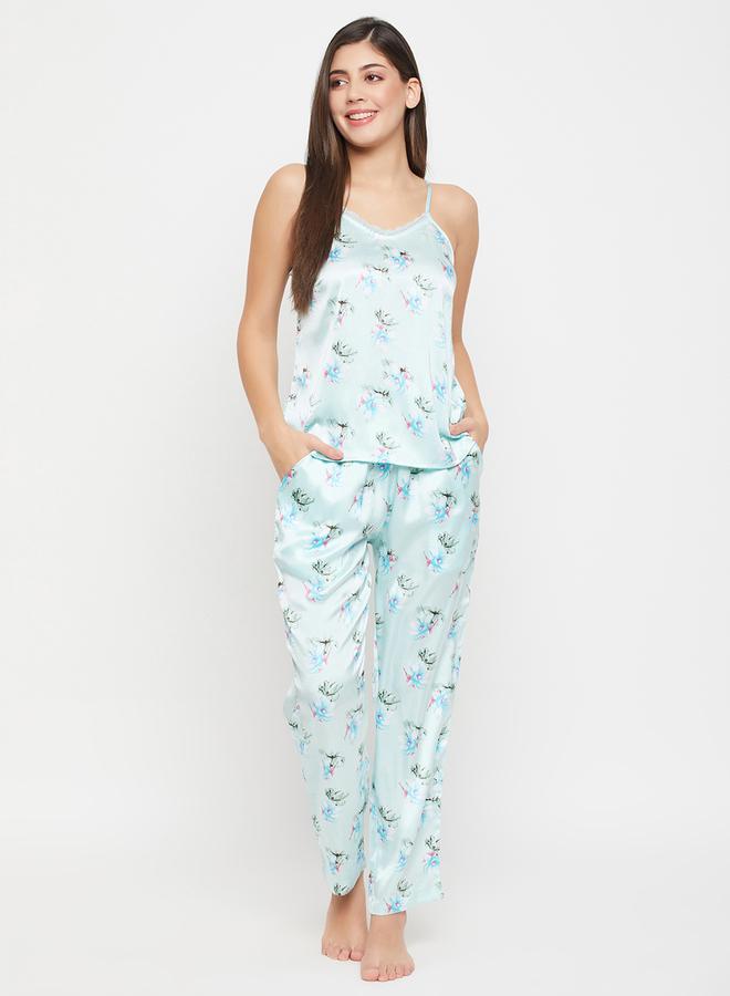 Clovia Floral Print Lace Trim Satin Cami Top and Pyjama Set - Image 1