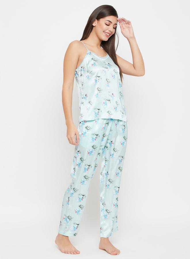 Clovia Floral Print Lace Trim Satin Cami Top and Pyjama Set - Image 3