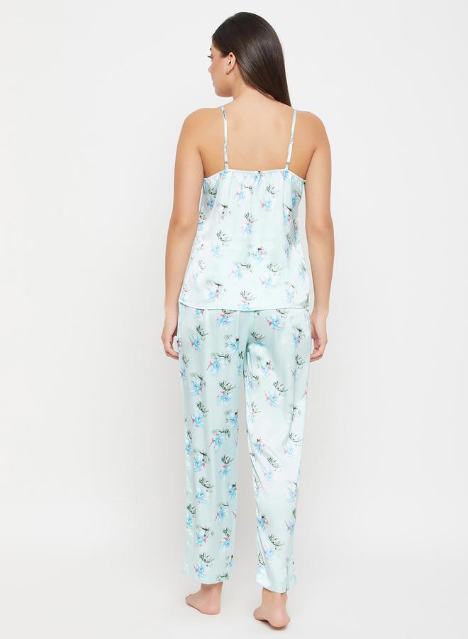 Clovia Floral Print Lace Trim Satin Cami Top and Pyjama Set - Image 4