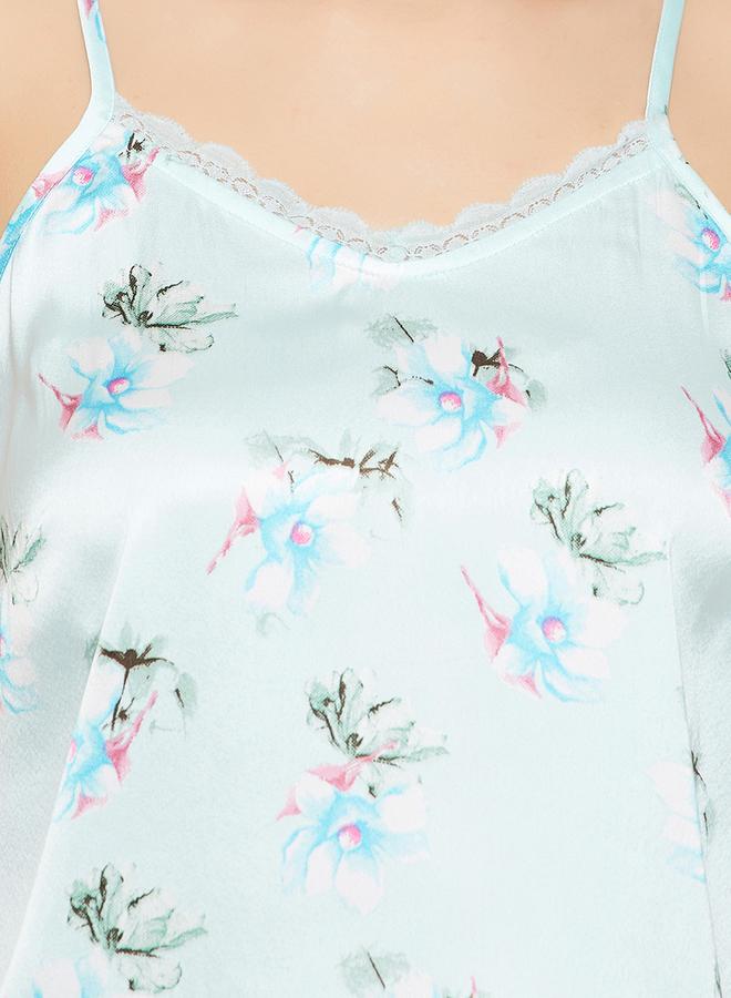 Clovia Floral Print Lace Trim Satin Cami Top and Pyjama Set - Image 5