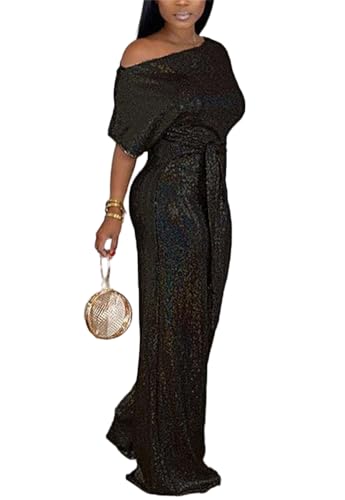 LKOUS Women's Evening Sparkly Jumpsuits Off Shoulder Short Sleeve Party Sequins Rompers High Waisted Wide Leg Pants Suit - Image 2