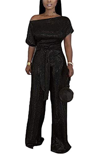 LKOUS Women's Evening Sparkly Jumpsuits Off Shoulder Short Sleeve Party Sequins Rompers High Waisted Wide Leg Pants Suit - Image 1