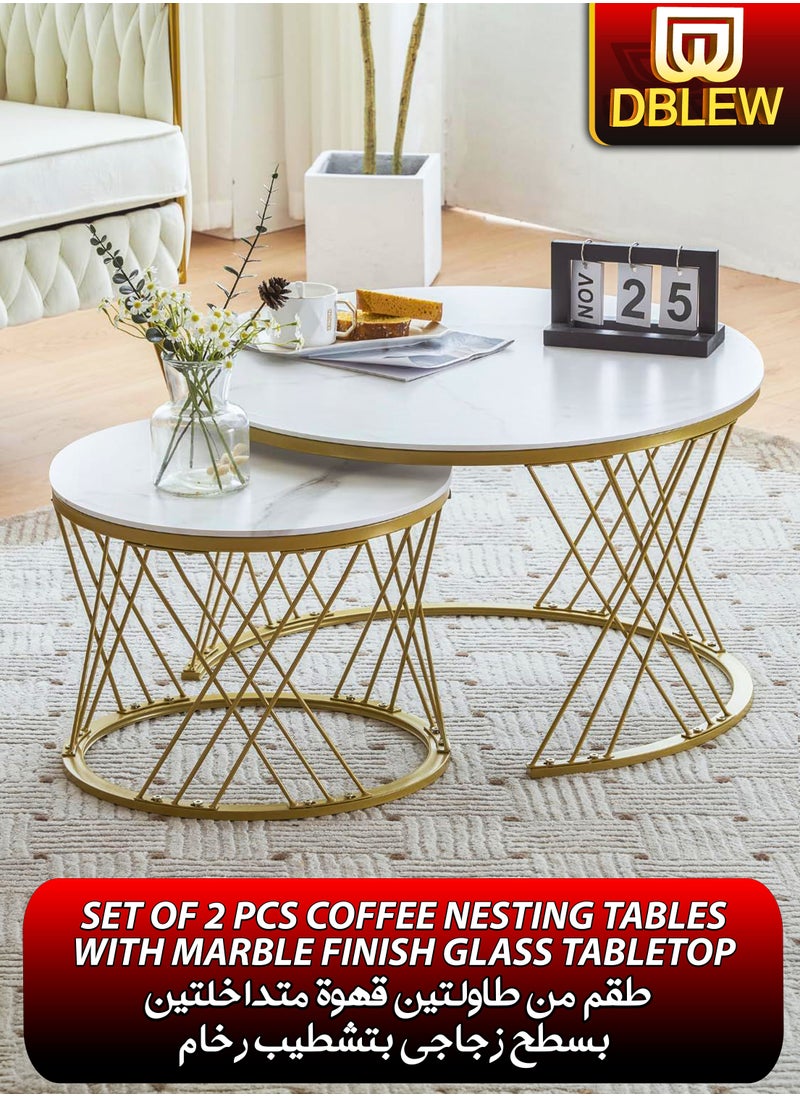 DBLEW Modern Faux White Marble Finish Round Nesting Coffee Table Set of 2 One Small and One Big Side Tea Tables with Twister Golden Steel Base Space Saving Design Durable 3mm Glass Top Waterproof and Scratch-Resistant Perfect for Home Living Room Bedroom Outdoor Garden Patio or Small Spaces Versatile End Table, Sofa Side, Center Table Bedside Tables Stackable Accent Table  - Image 1