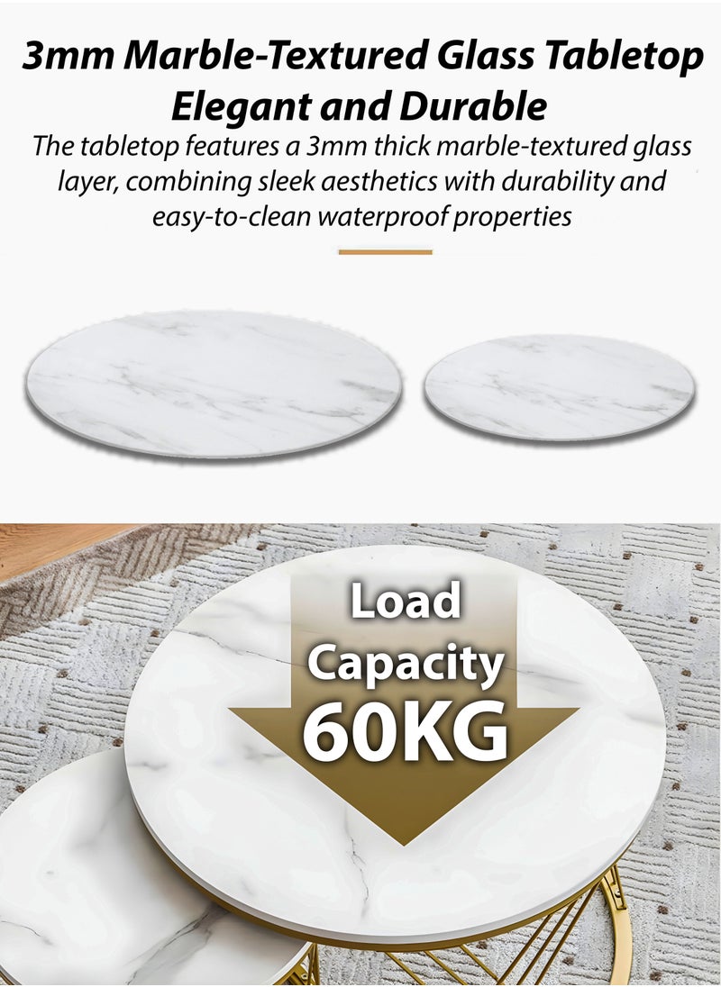 DBLEW Modern Faux White Marble Finish Round Nesting Coffee Table Set of 2 One Small and One Big Side Tea Tables with Twister Golden Steel Base Space Saving Design Durable 3mm Glass Top Waterproof and Scratch-Resistant Perfect for Home Living Room Bedroom Outdoor Garden Patio or Small Spaces Versatile End Table, Sofa Side, Center Table Bedside Tables Stackable Accent Table  - Image 2