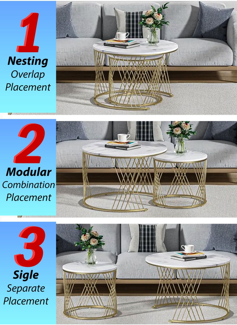 DBLEW Modern Faux White Marble Finish Round Nesting Coffee Table Set of 2 One Small and One Big Side Tea Tables with Twister Golden Steel Base Space Saving Design Durable 3mm Glass Top Waterproof and Scratch-Resistant Perfect for Home Living Room Bedroom Outdoor Garden Patio or Small Spaces Versatile End Table, Sofa Side, Center Table Bedside Tables Stackable Accent Table  - Image 4