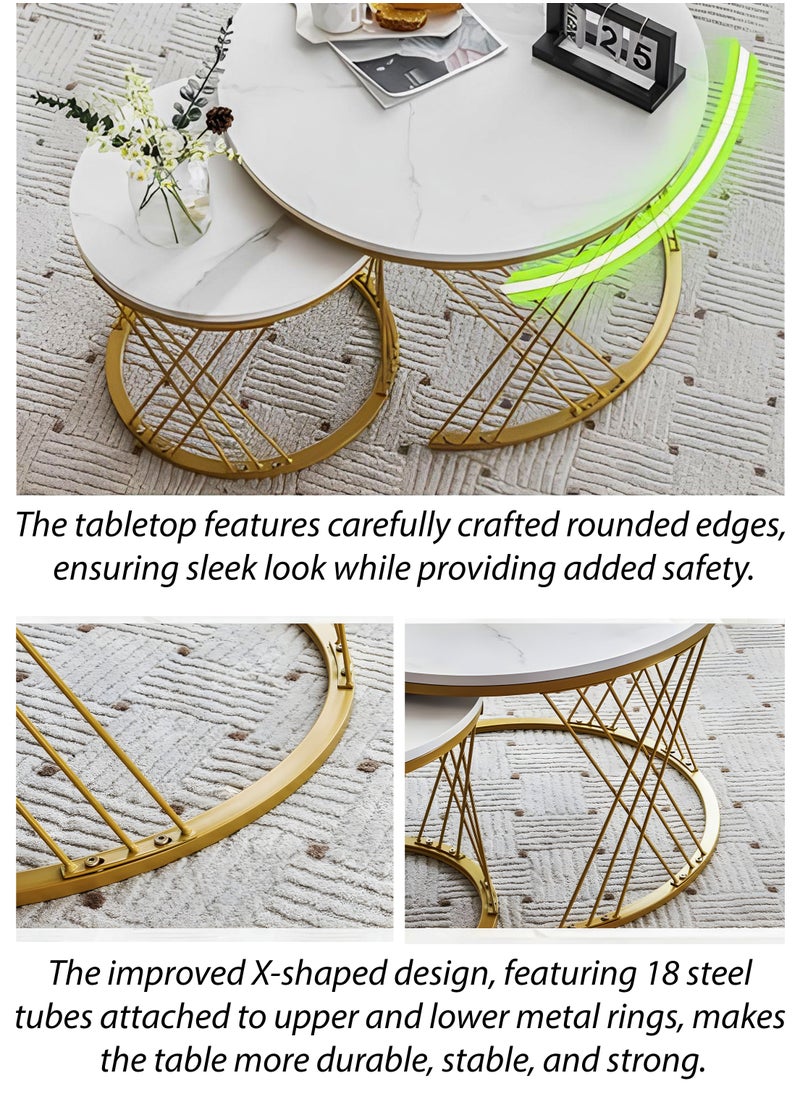 DBLEW Modern Faux White Marble Finish Round Nesting Coffee Table Set of 2 One Small and One Big Side Tea Tables with Twister Golden Steel Base Space Saving Design Durable 3mm Glass Top Waterproof and Scratch-Resistant Perfect for Home Living Room Bedroom Outdoor Garden Patio or Small Spaces Versatile End Table, Sofa Side, Center Table Bedside Tables Stackable Accent Table  - Image 3