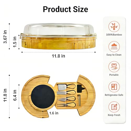 SRRUI Charcuterie Board Set with Lid Round, Portable Bamboo Cheese Board Set,Travel Tray with Locking Lid for Picnic, Party, Wedding & Housewarming & Kitchen Gifts for Women - Image 4