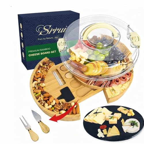 SRRUI Charcuterie Board Set with Lid Round, Portable Bamboo Cheese Board Set,Travel Tray with Locking Lid for Picnic, Party, Wedding & Housewarming & Kitchen Gifts for Women - Image 1