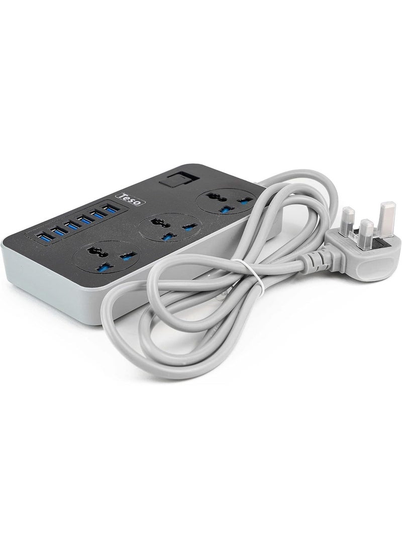تيسو توصيلة كهربائية TESO شديدة التحمل بطول 2 متر - 3 منافذ طاقة عالمية و 6 منافذ شحن USB سريعة - أسود - Image 5
