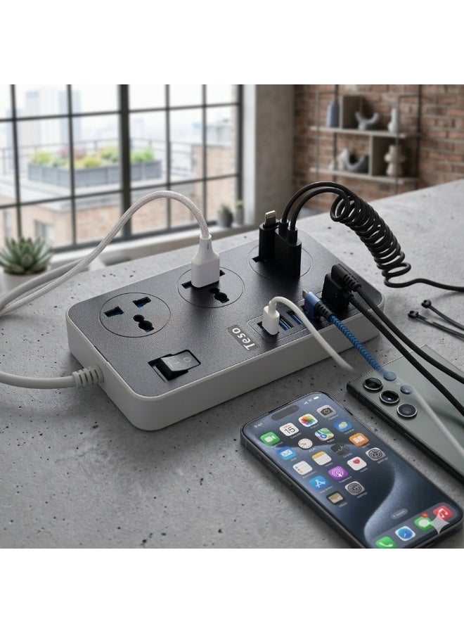 تيسو توصيلة كهربائية TESO شديدة التحمل بطول 2 متر - 3 منافذ طاقة عالمية و 6 منافذ شحن USB سريعة - أسود - Image 2