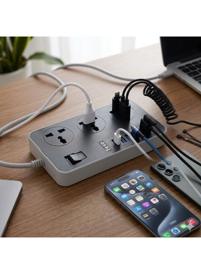 تيسو توصيلة كهربائية TESO شديدة التحمل بطول 2 متر - 3 منافذ طاقة عالمية و 6 منافذ شحن USB سريعة - أسود - Image 3
