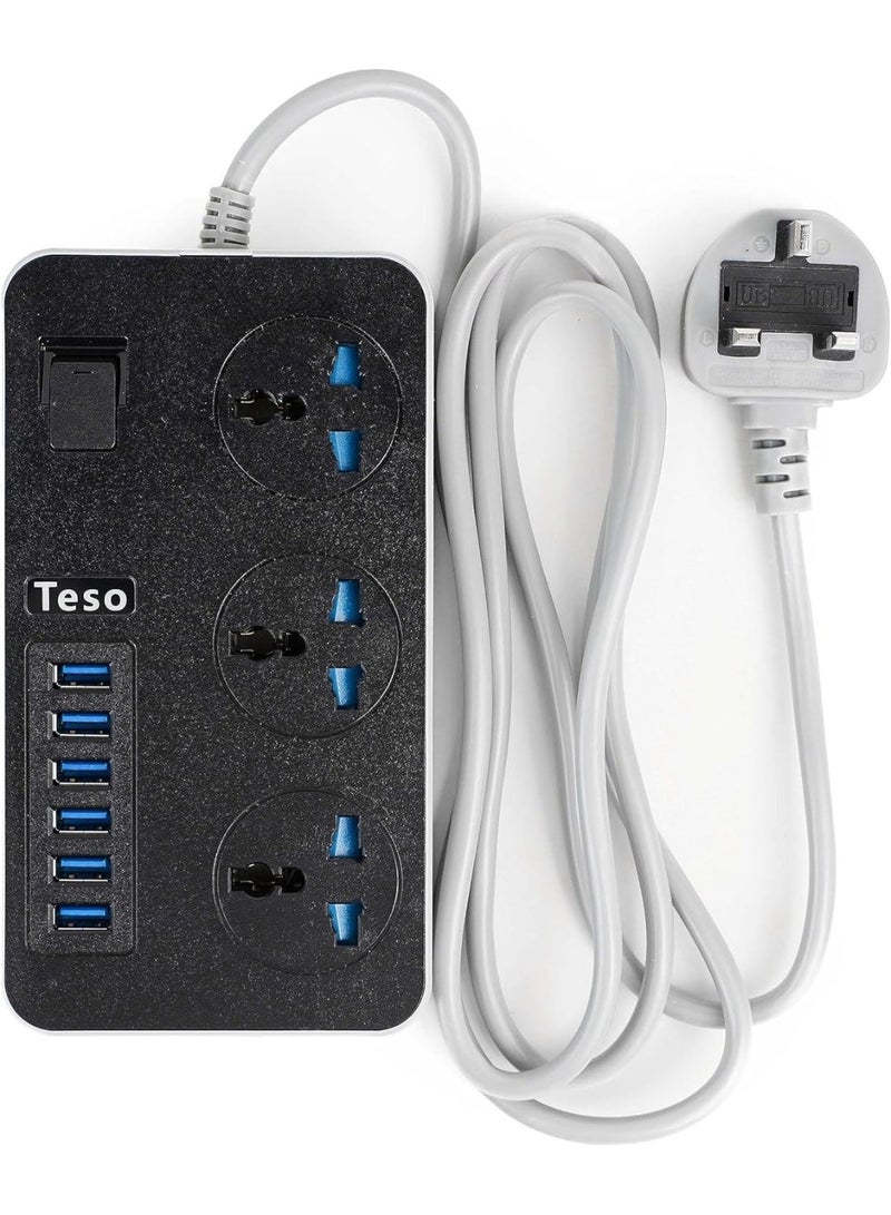 تيسو توصيلة كهربائية TESO شديدة التحمل بطول 2 متر - 3 منافذ طاقة عالمية و 6 منافذ شحن USB سريعة - أسود - Image 1