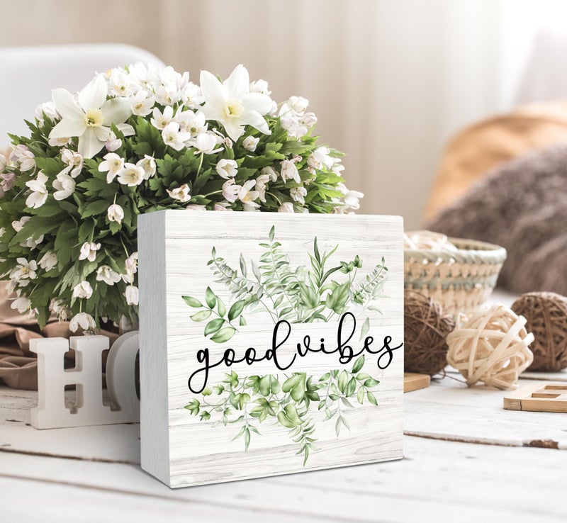 Sradmo Inspirational Botanical Eucalyptus أوراق الخشب مربع علامة ديكور ديكور أخضر ريفي الأوكالبتوس أوراق خشبية كتلة صندوق ديكور لافت - Image 3