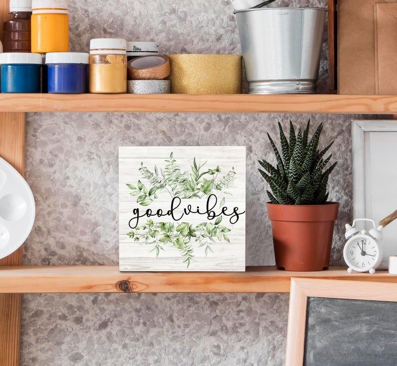 Sradmo Inspirational Botanical Eucalyptus أوراق الخشب مربع علامة ديكور ديكور أخضر ريفي الأوكالبتوس أوراق خشبية كتلة صندوق ديكور لافت - Image 4